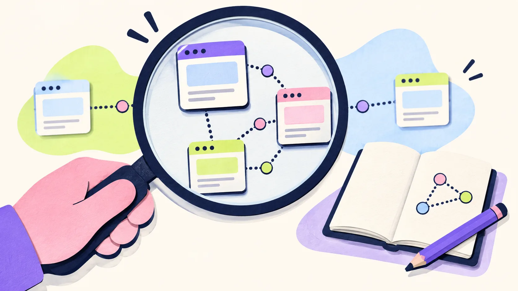 A magnifying glass examining links between websites beside a notebook of link patterns