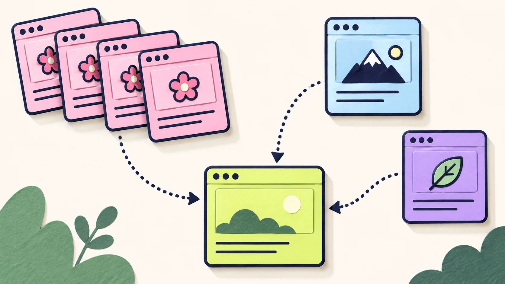 Four pink pages from one website, plus a blue website and a purple website, linking to one domain
