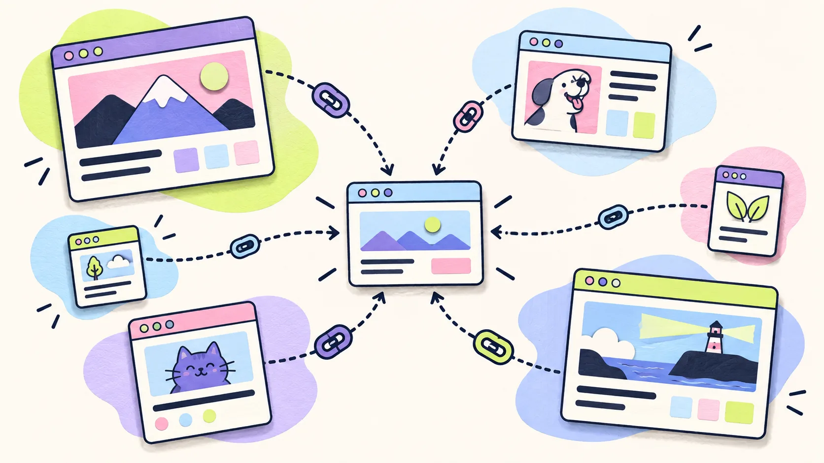 Illustrated websites sending links toward one domain